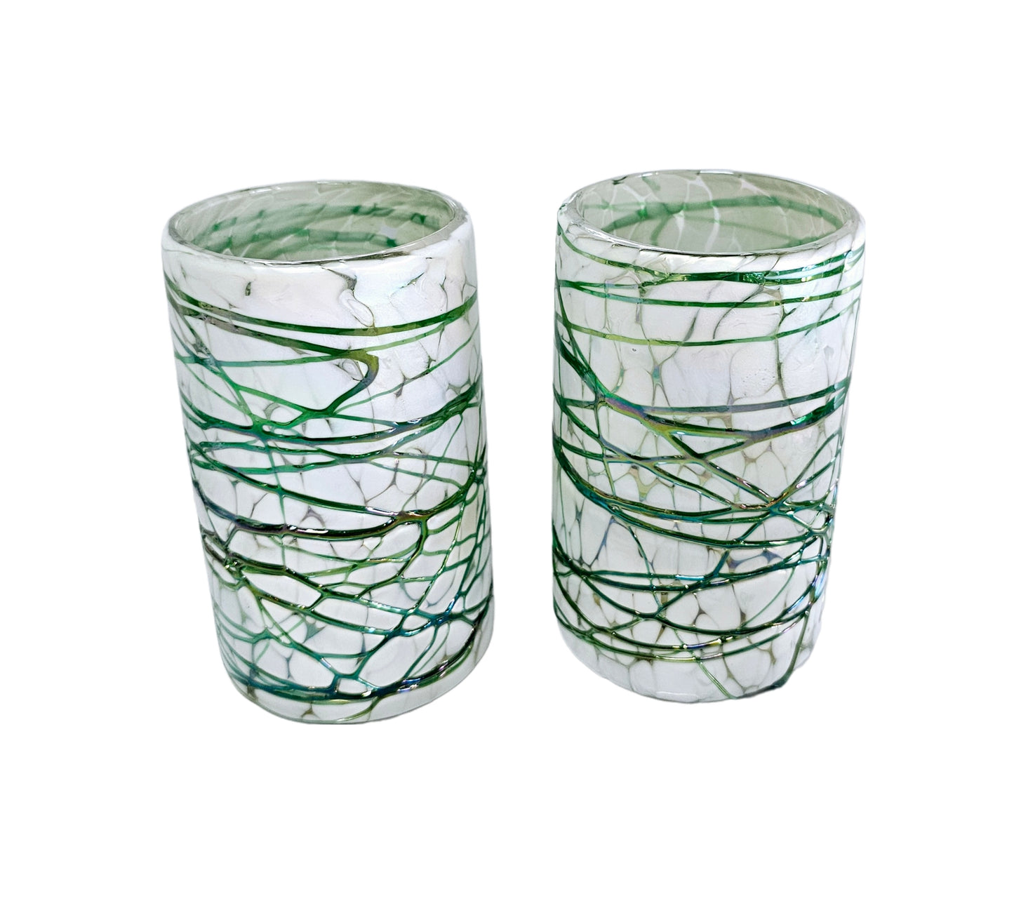 VASOS VIDRIO SOPLADO|SET 6 PIEZAS|ARTESANALMENTE MEXICANOS|PINTAS BLANCAS CON TELARAÑA COLOR VERDE JADE